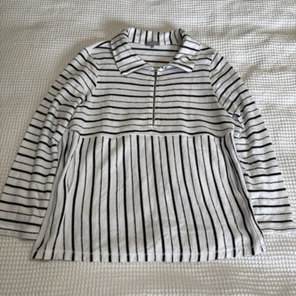 Habitat Knit L White Black Stripe 1/2 Zip Collared Long Sleeve Top Pockets EUC